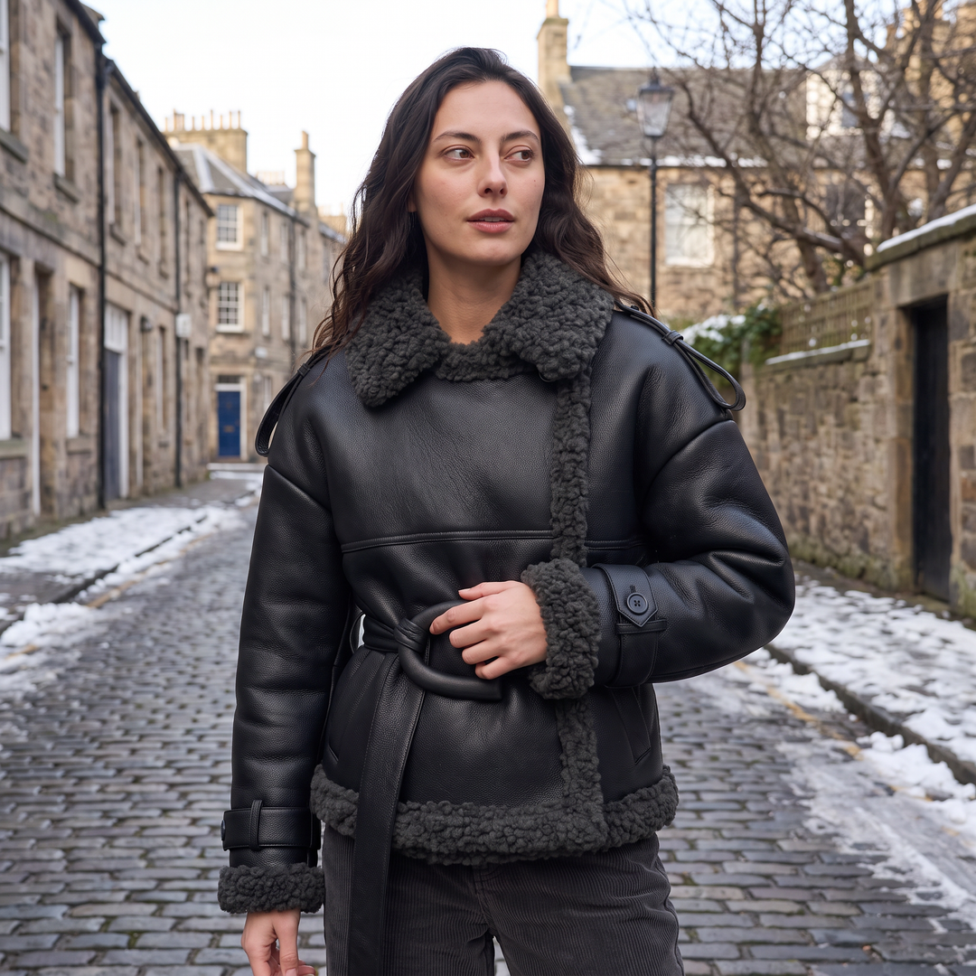 Women's Classic Leather Belted Aviator Jacket
