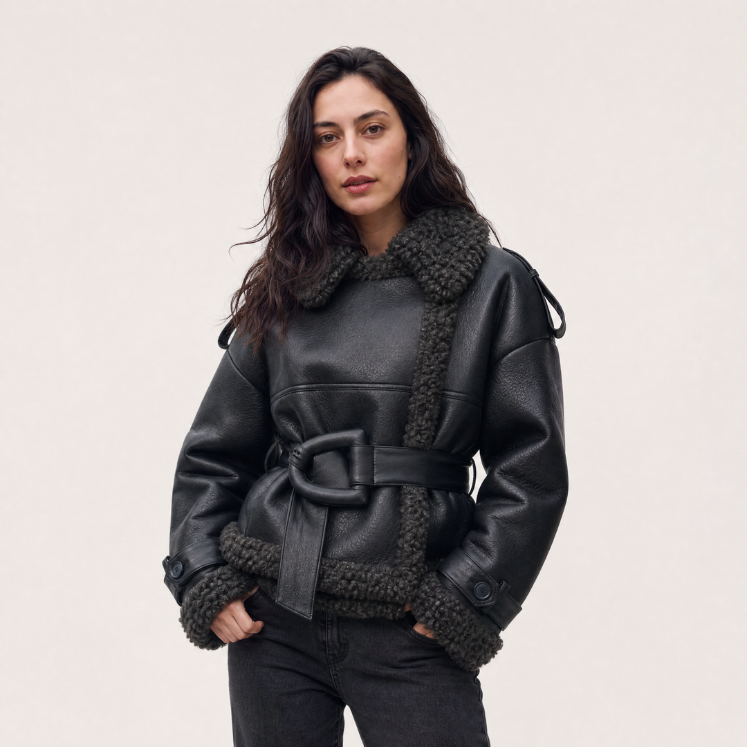 Women's Classic Leather Belted Aviator Jacket