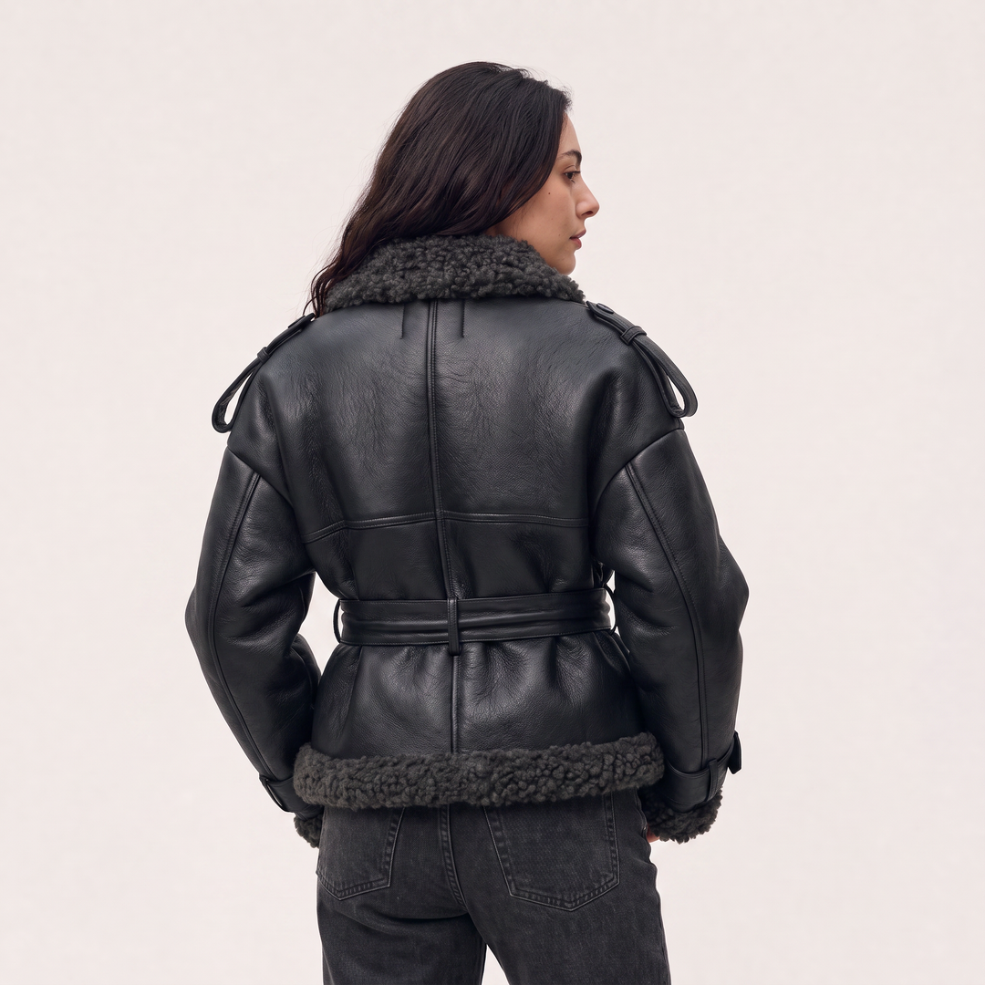 Women's Classic Leather Belted Aviator Jacket