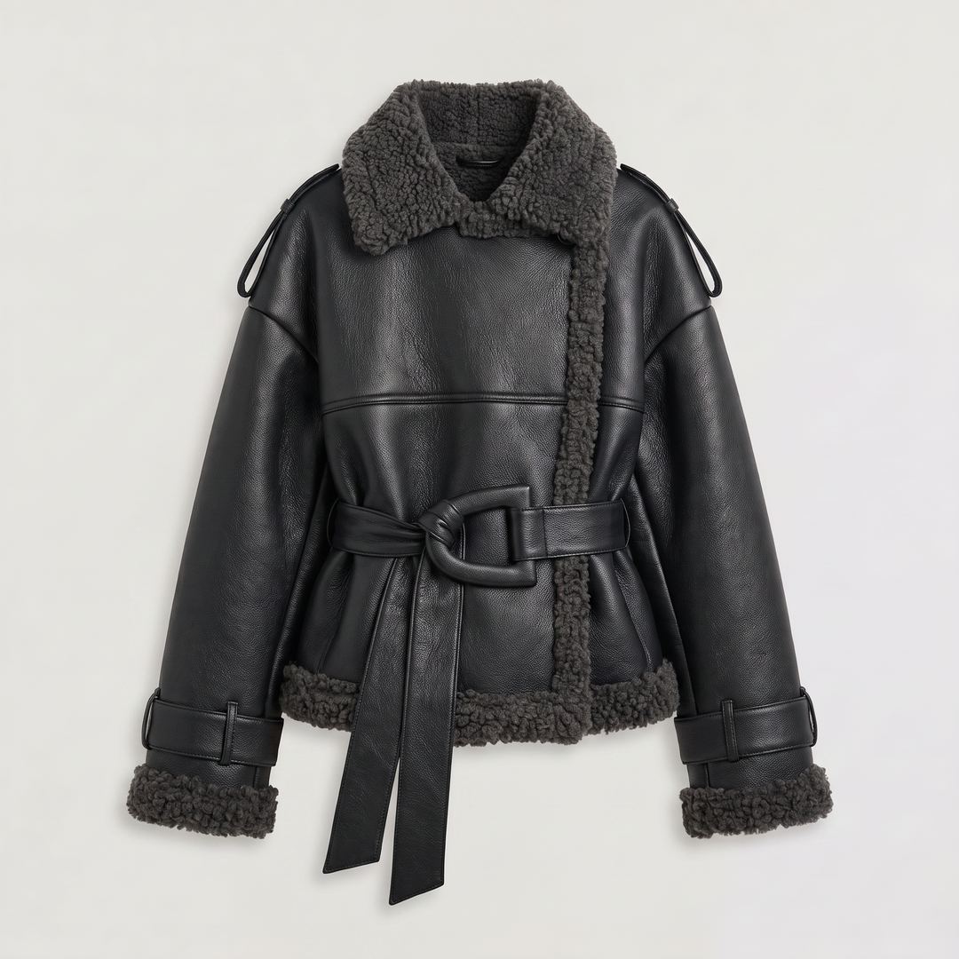 Women's Classic Leather Belted Aviator Jacket