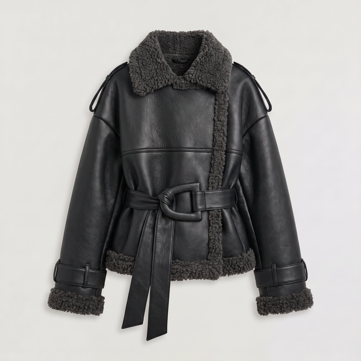 Women's Classic Leather Belted Aviator Jacket