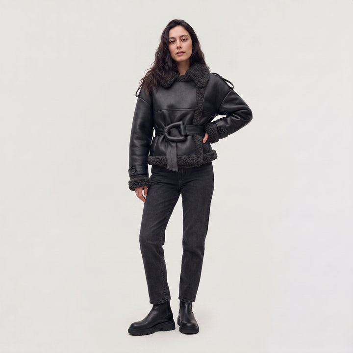 Women's Classic Leather Belted Aviator Jacket