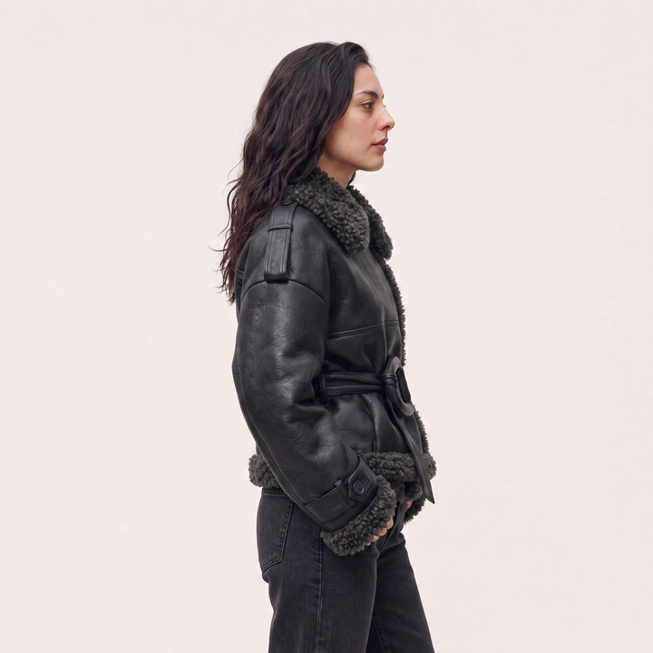 Women's Classic Leather Belted Aviator Jacket