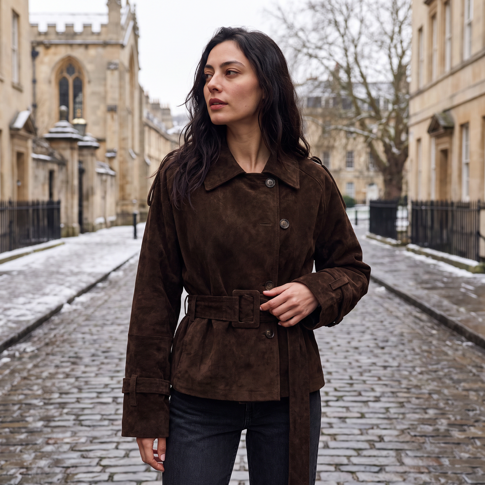 Women's Stylish Cropped Suede Trench Jacket