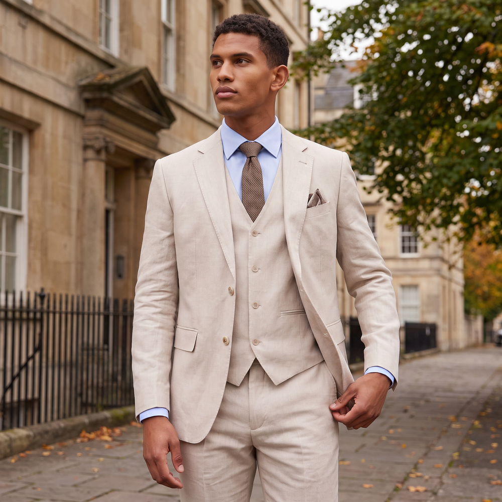 Men's Tailored Linen Three-Piece Suit with Waistcoat