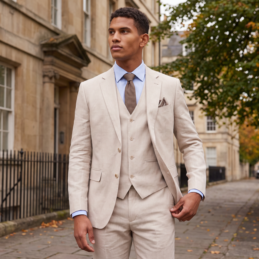 Men's Tailored Linen Three-Piece Suit with Waistcoat