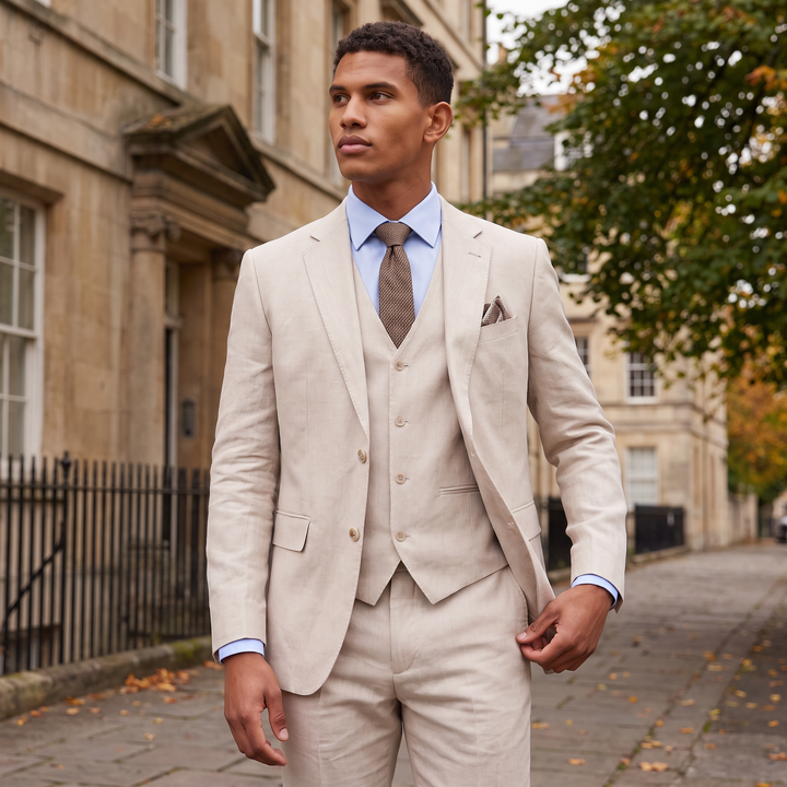 Men's Tailored Linen Three-Piece Suit with Waistcoat