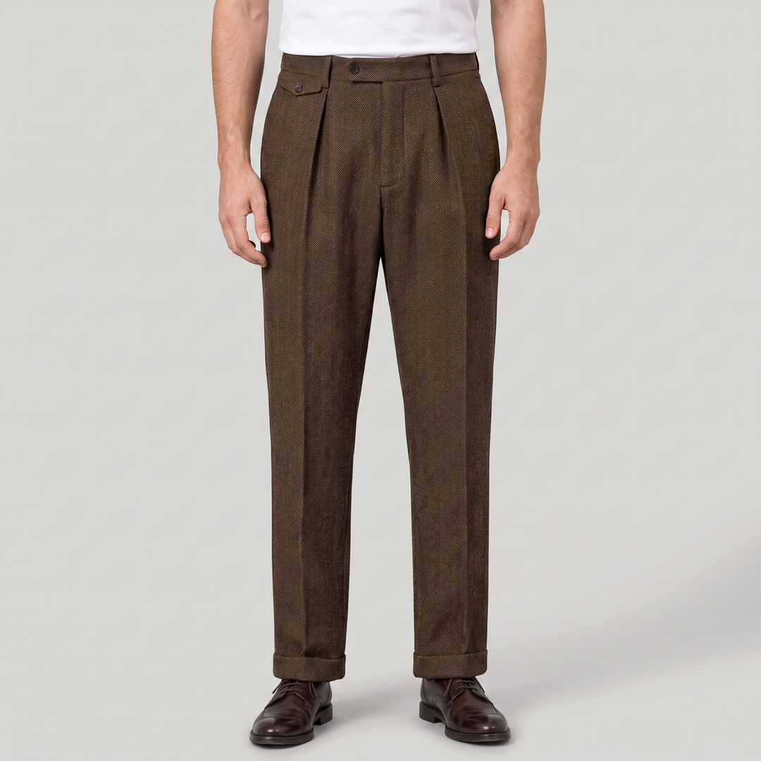 Men's Smart Herringbone Pleated Straight Leg Trousers