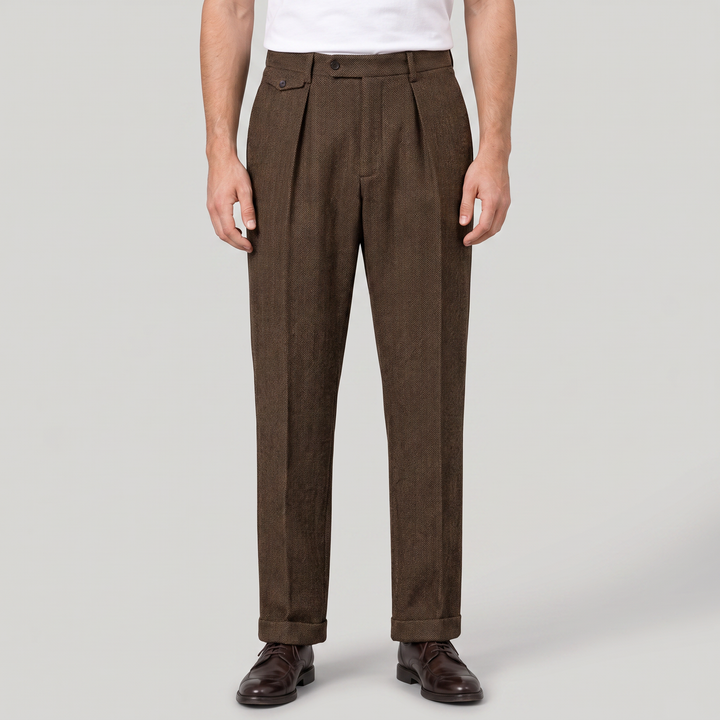 Men's Smart Herringbone Pleated Straight Leg Trousers