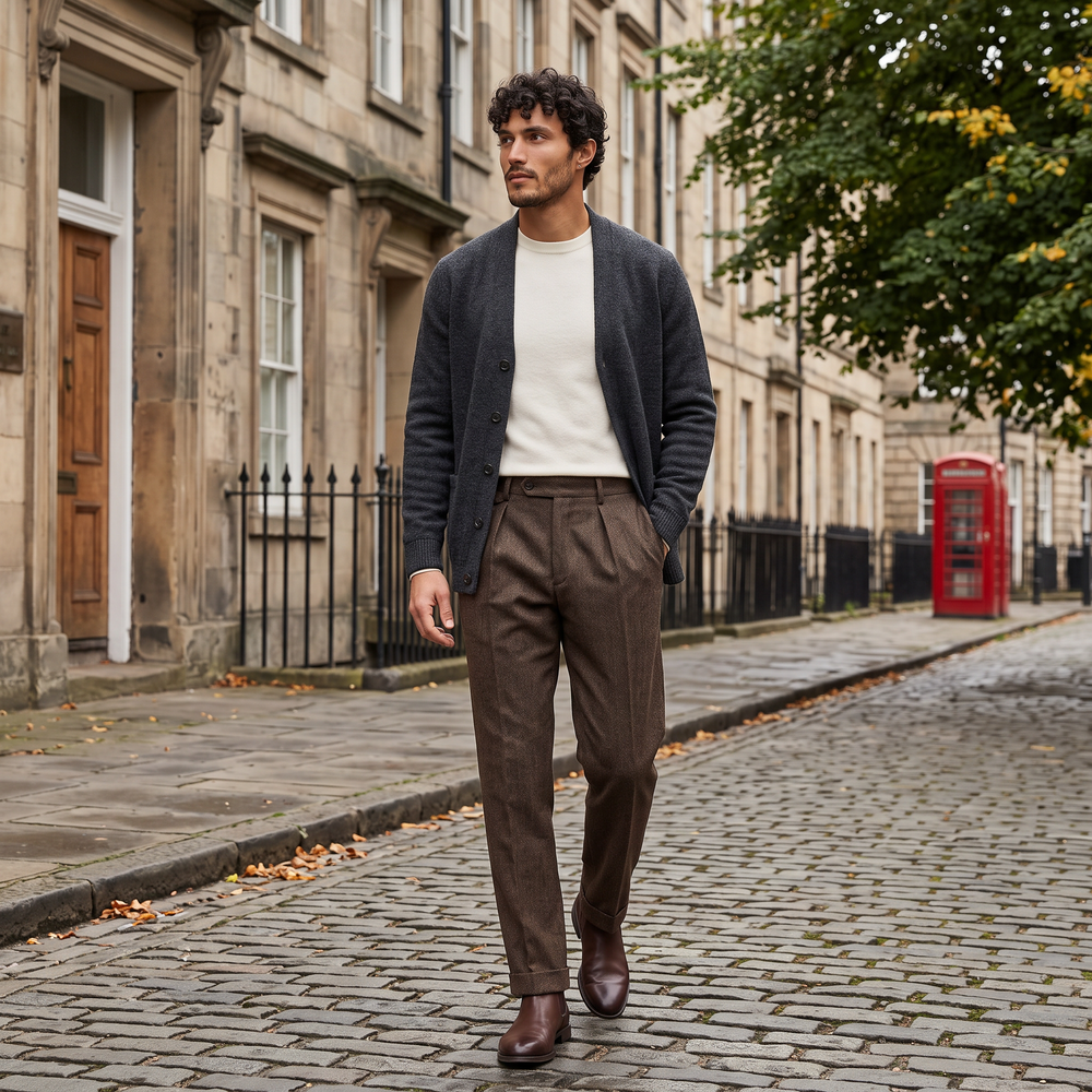 Men's Smart Herringbone Pleated Straight Leg Trousers