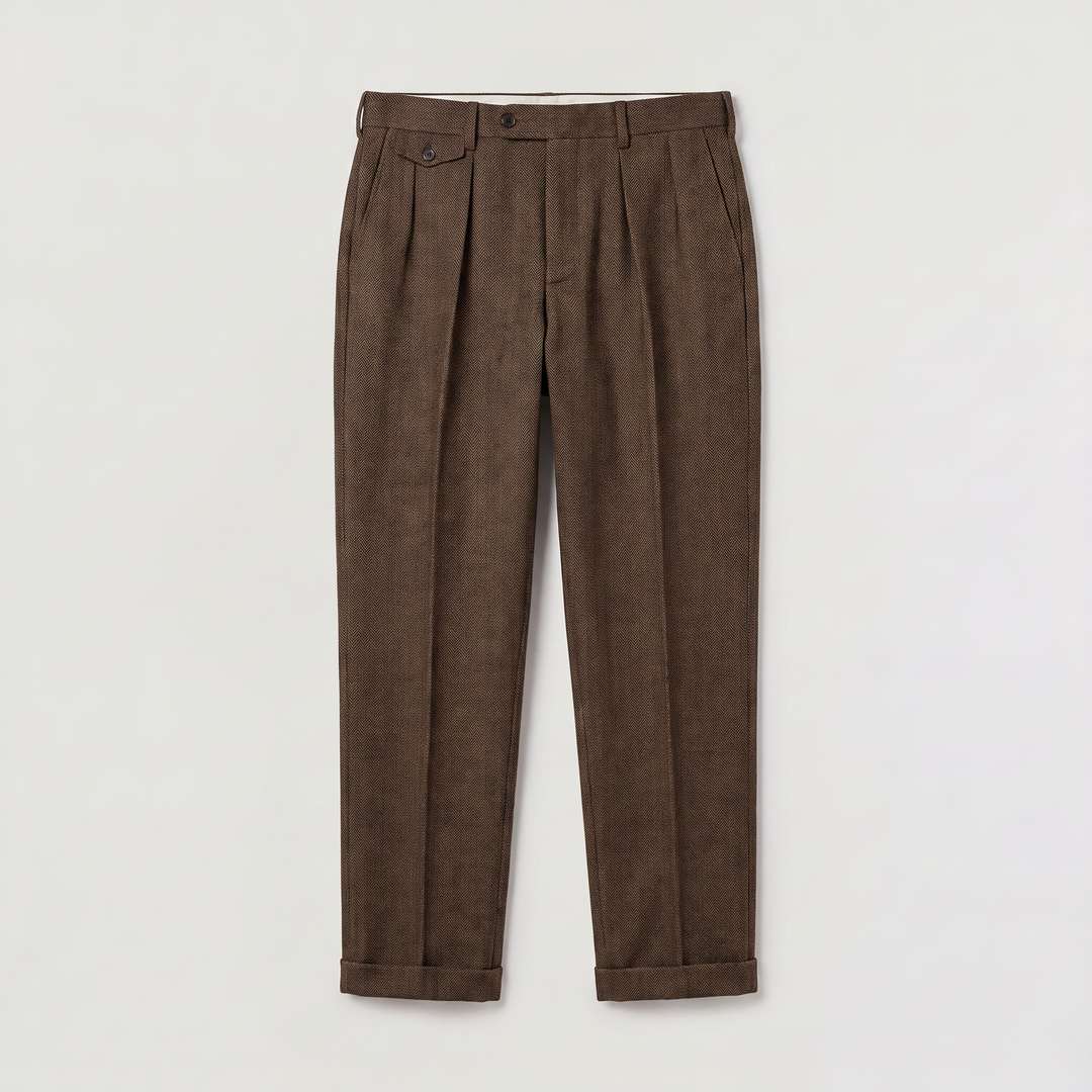 Men's Smart Herringbone Pleated Straight Leg Trousers