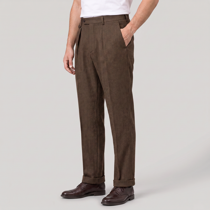 Men's Smart Herringbone Pleated Straight Leg Trousers