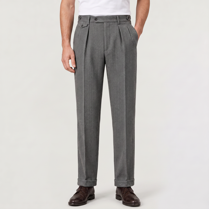 Men's Smart Herringbone Pleated Straight Leg Trousers