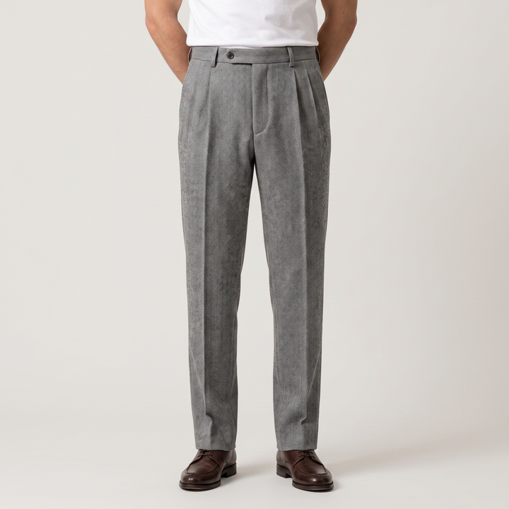Men's Classic Herringbone High Waist Pleated Trousers