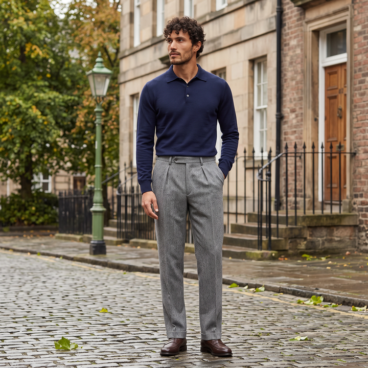 Men's Classic Herringbone High Waist Pleated Trousers