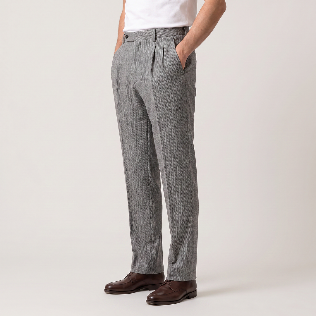 Men's Classic Herringbone High Waist Pleated Trousers