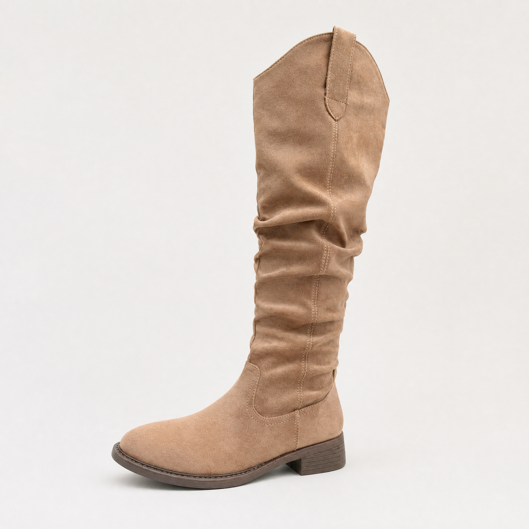 Women's Casual Leather Slouch Knee-High Boots in Khaki