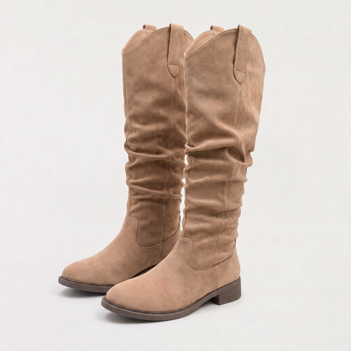 Women's Casual Leather Slouch Knee-High Boots in Khaki