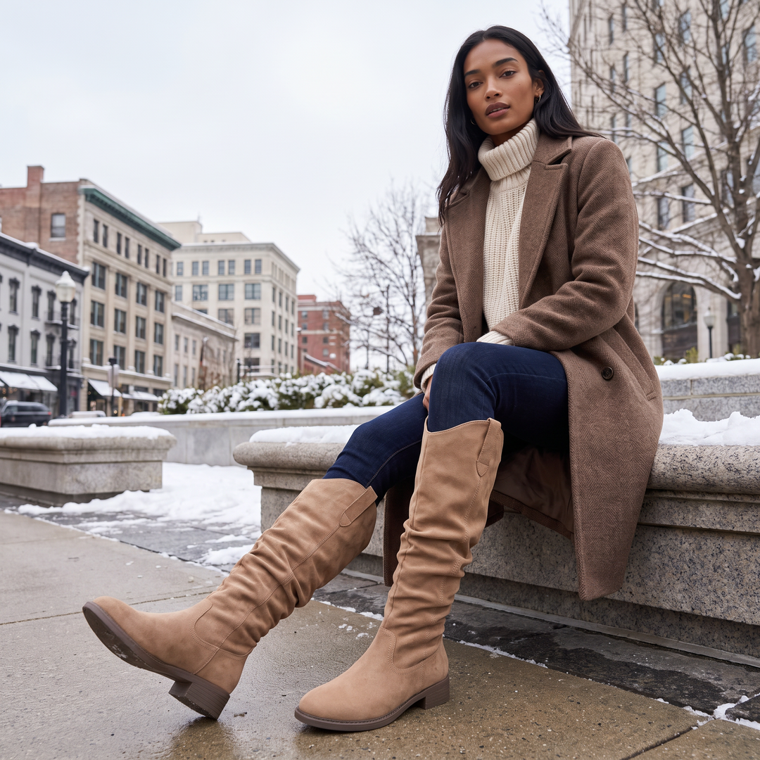 Women's Casual Leather Slouch Knee-High Boots in Khaki