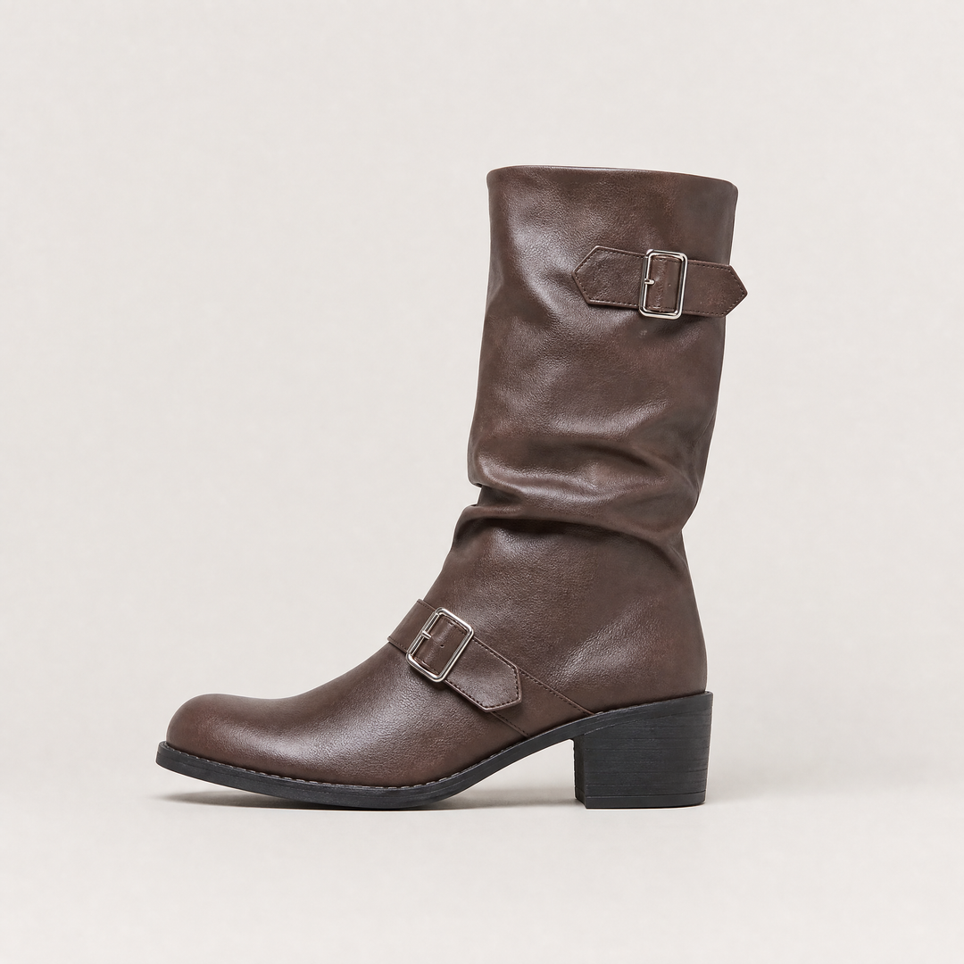 Women's Stylish Tall Buckle Leather Block Heel Boots
