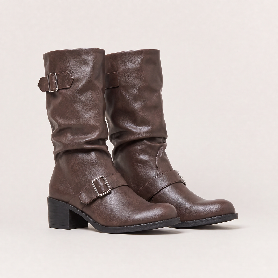 Women's Stylish Tall Buckle Leather Block Heel Boots
