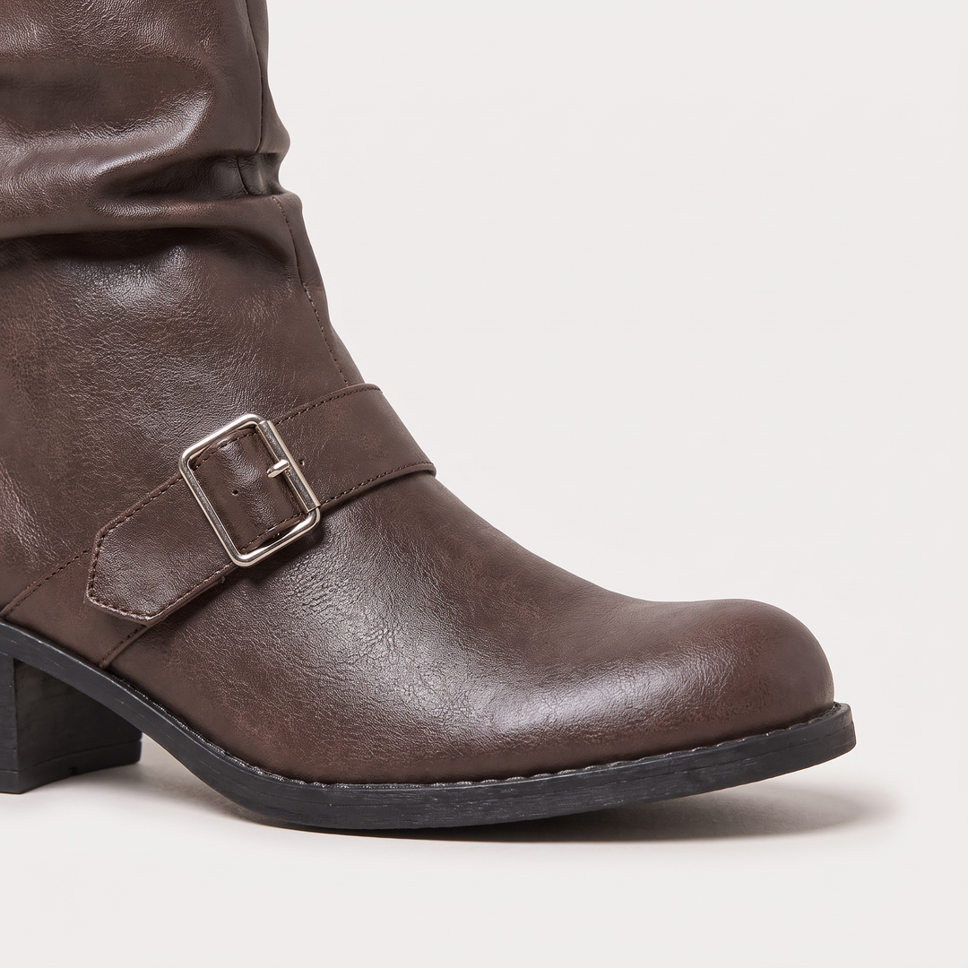 Women's Stylish Tall Buckle Leather Block Heel Boots