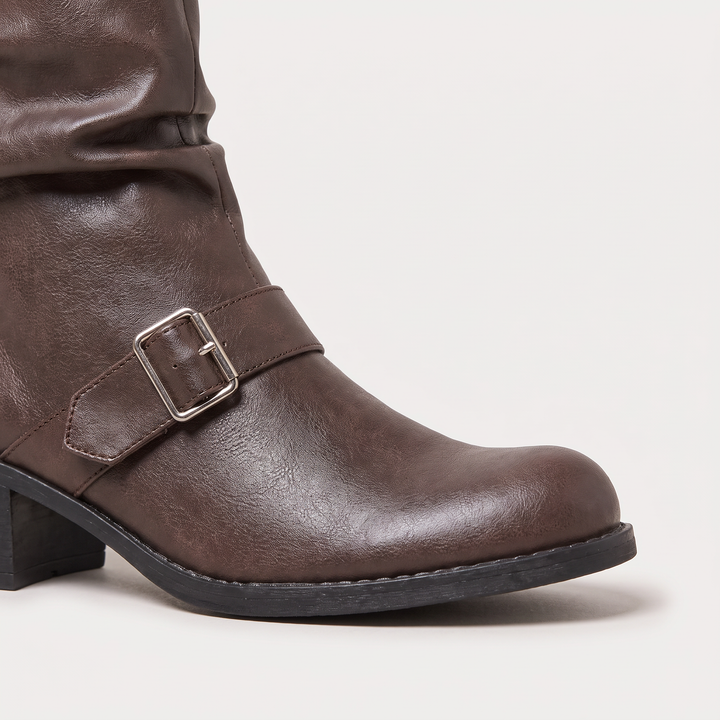 Women's Stylish Tall Buckle Leather Block Heel Boots