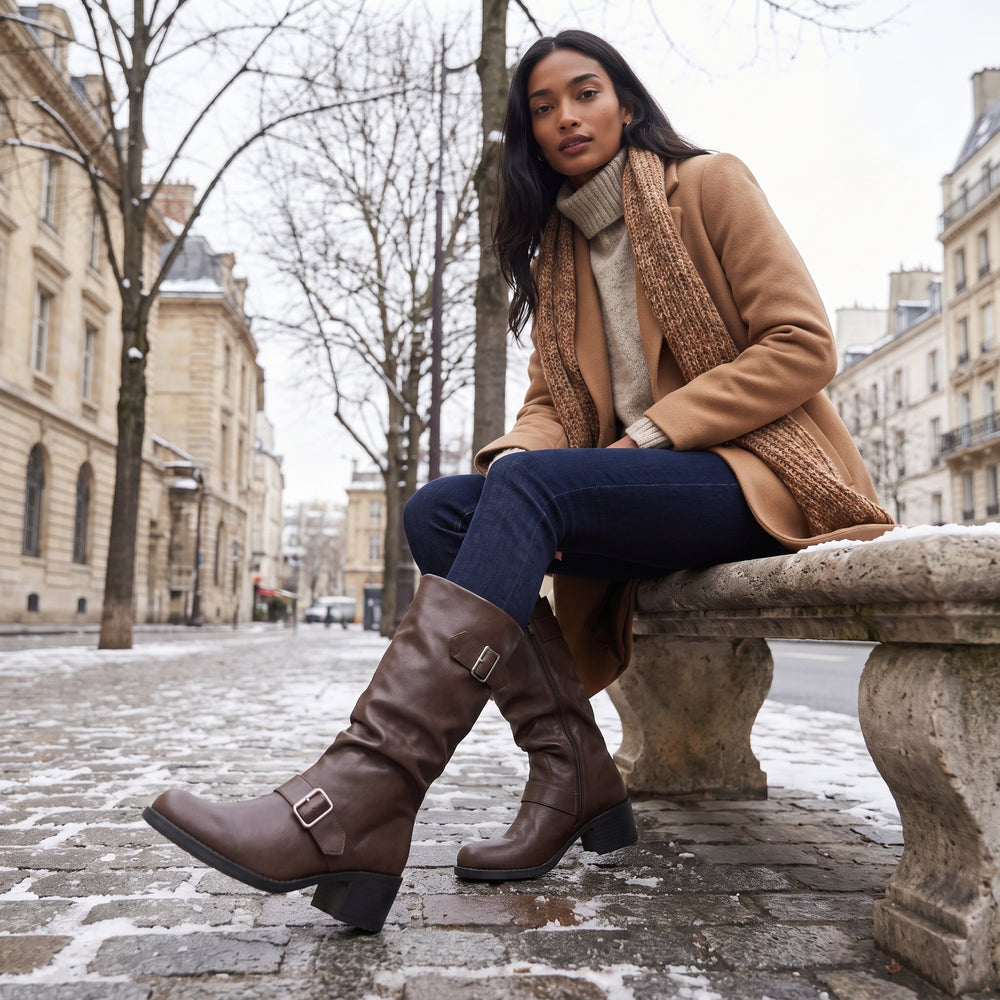 Women's Stylish Tall Buckle Leather Block Heel Boots
