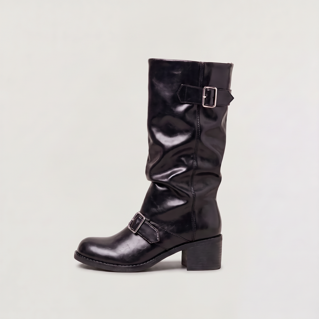 Women's Stylish Tall Buckle Leather Block Heel Boots
