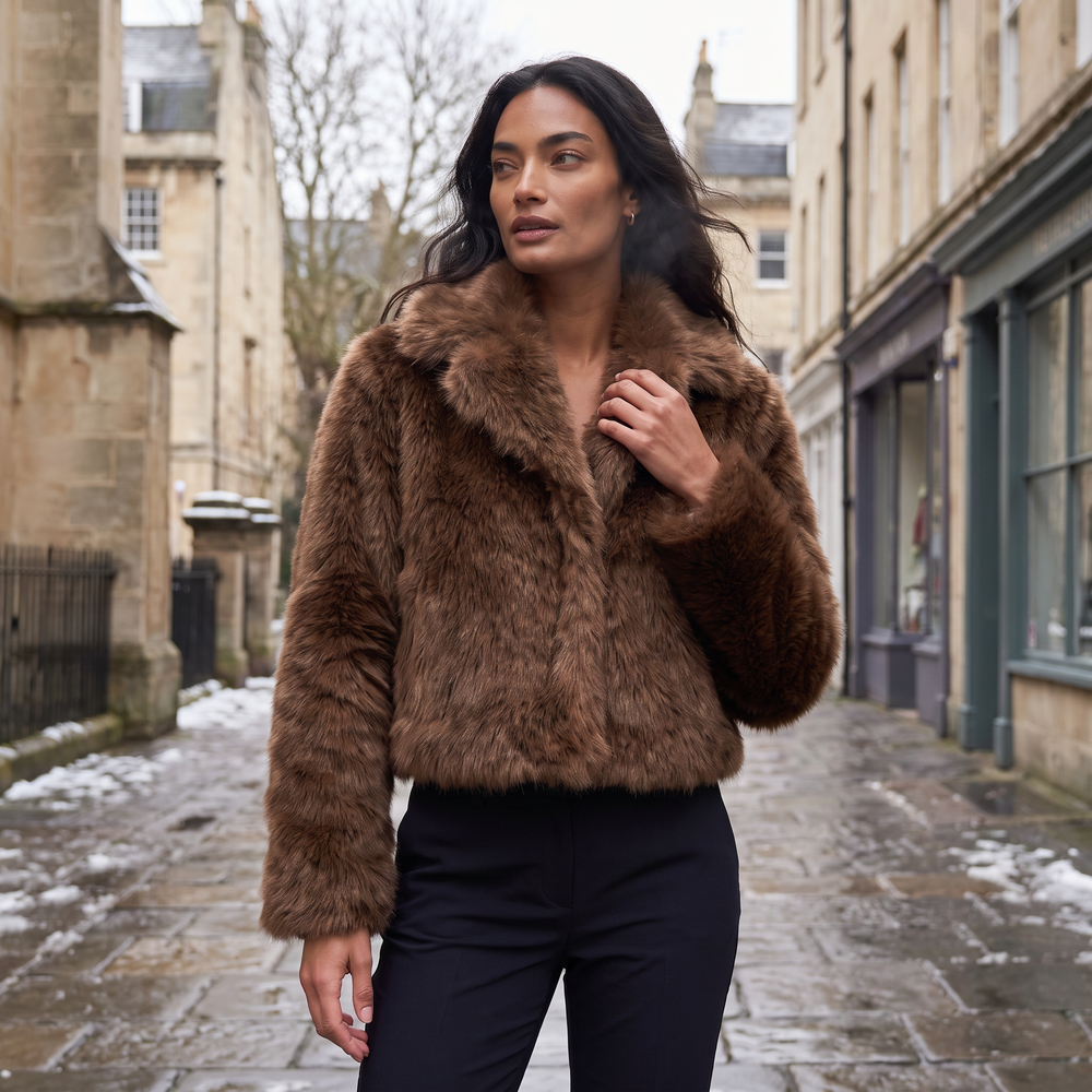 Women's Casual Faux-Fur Cropped Long Sleeve Jacket