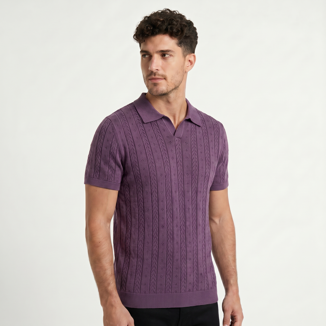 Men's Casual Textured Knit Open Collar Polo Shirt