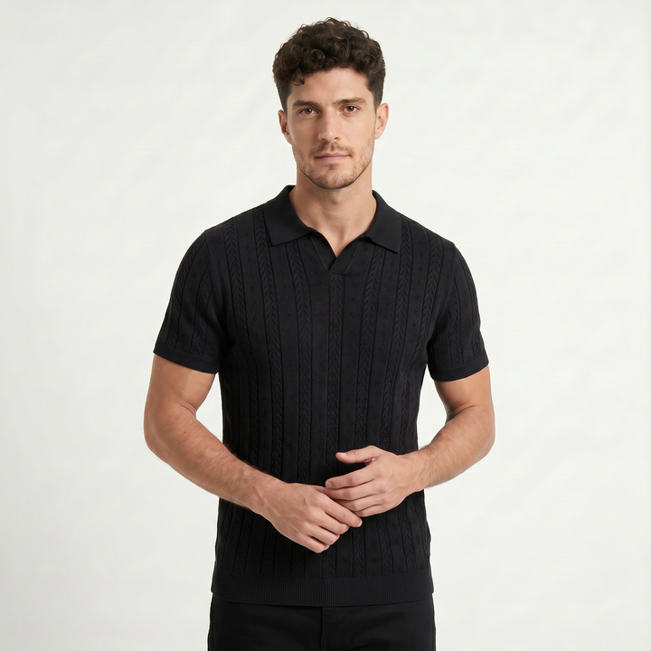 Men's Casual Textured Knit Open Collar Polo Shirt