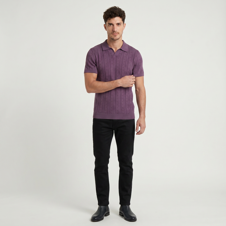Men's Casual Textured Knit Open Collar Polo Shirt