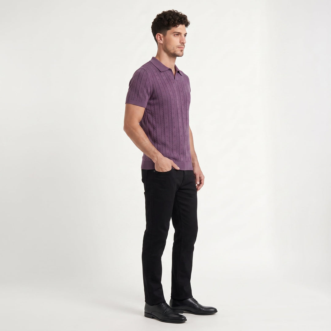 Men's Casual Textured Knit Open Collar Polo Shirt