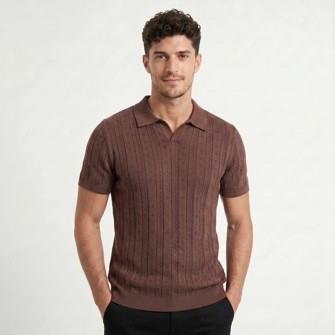 Men's Casual Textured Knit Open Collar Polo Shirt