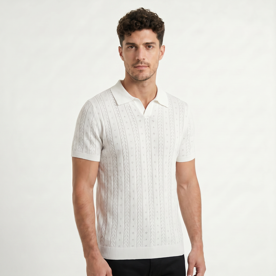 Men's Casual Textured Knit Open Collar Polo Shirt