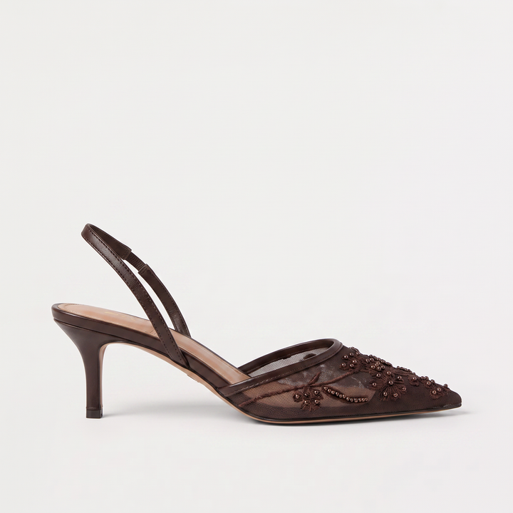 Women's Elegant Mesh Embroidered Pointed Toe Mule Heels