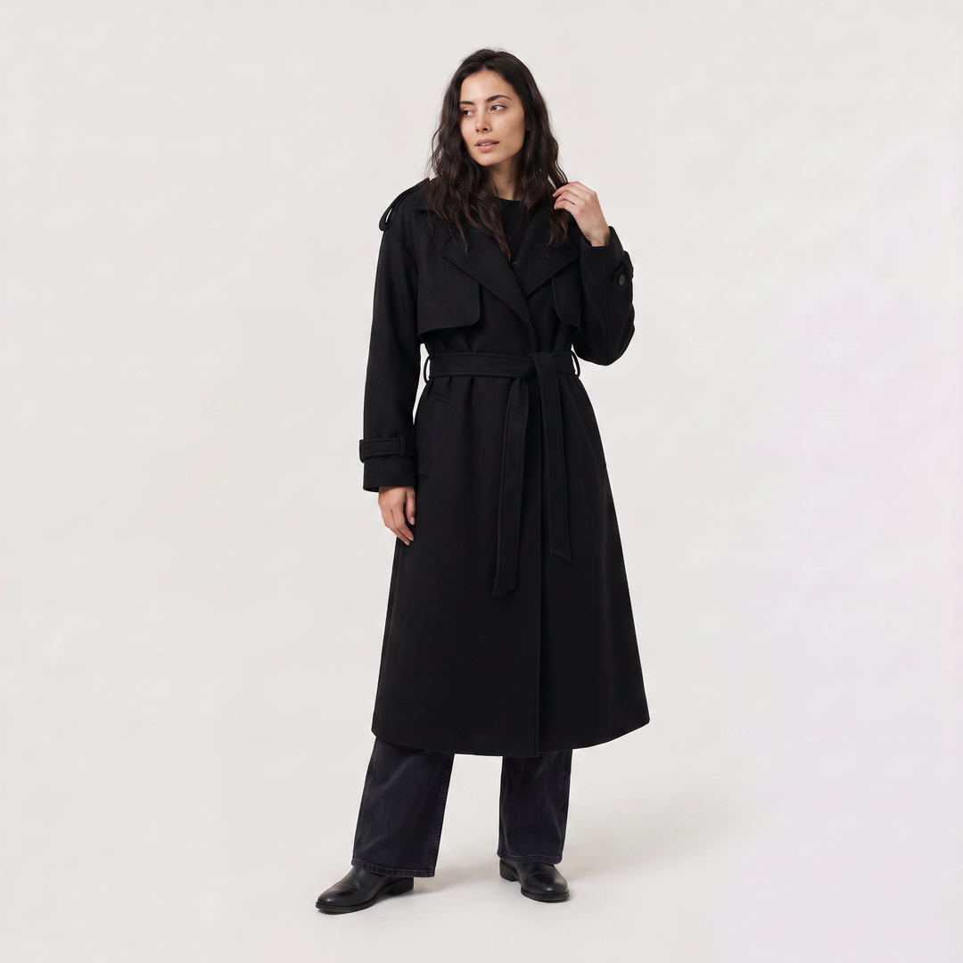 Women's Classic Wool Blend Long Belted Coat in Burgundy
