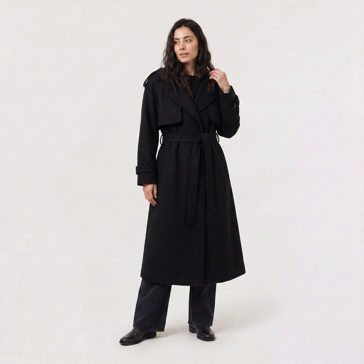 Women's Classic Wool Blend Long Belted Coat in Burgundy