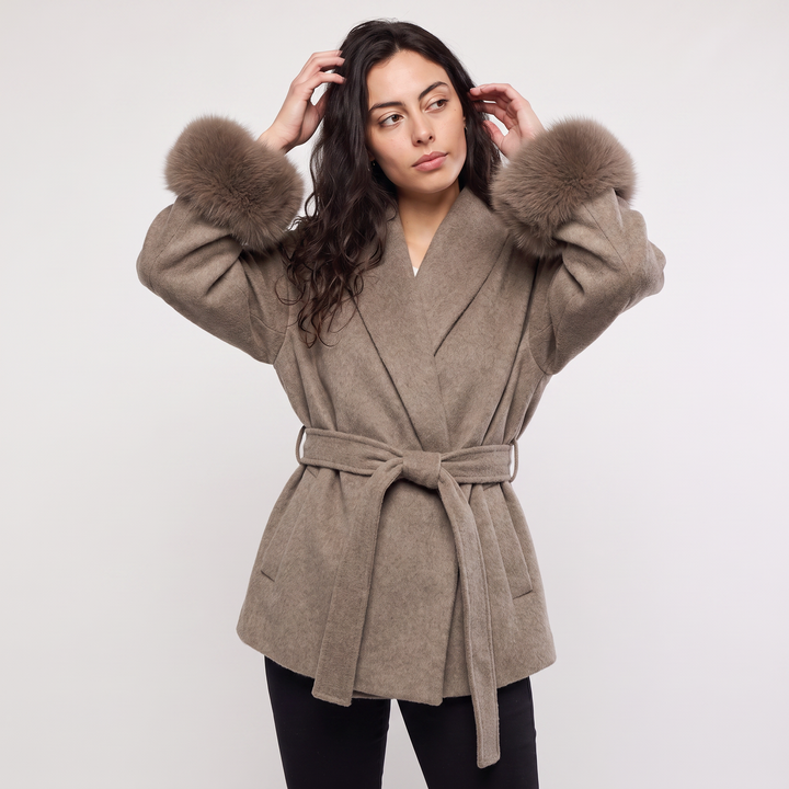 Women's Classic Wool Blend Coat with Faux Fur Cuffs