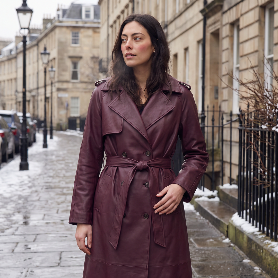 Women's Classic Faux Leather Belted Midi Trench Coat