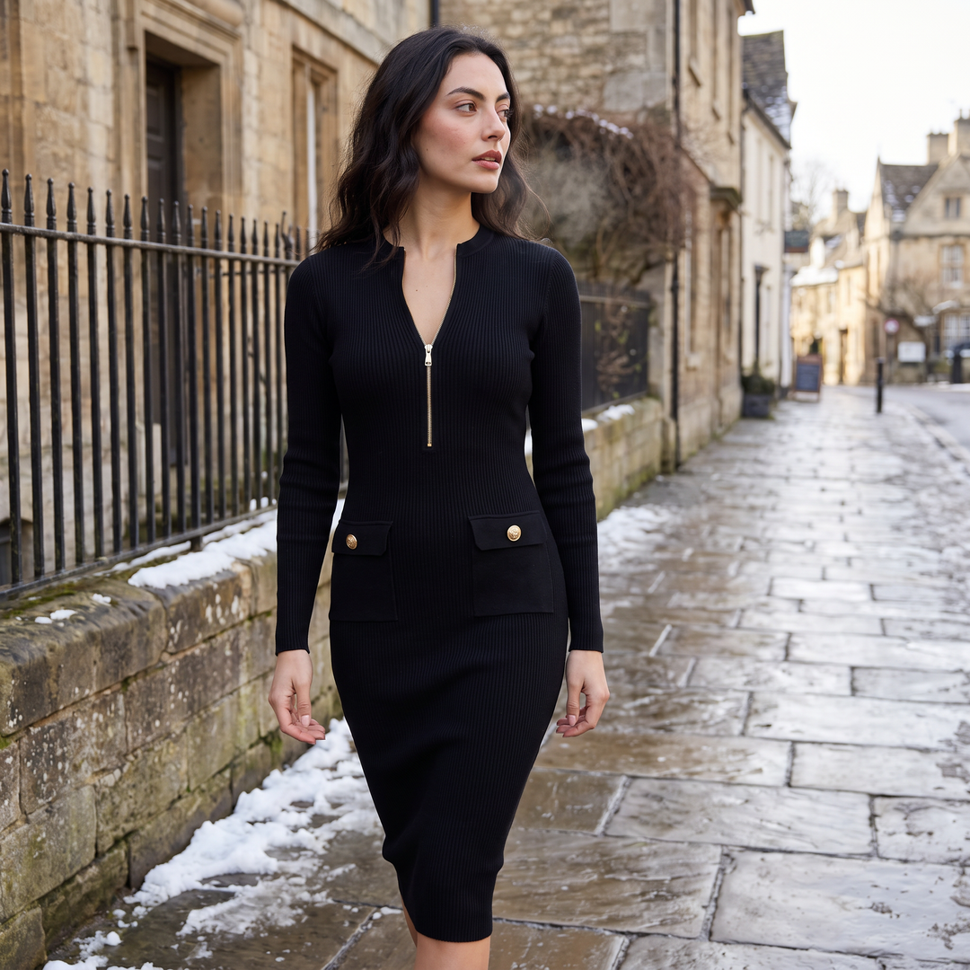 Women's Elegant Ribbed Knit Zip-Up Midi Dress