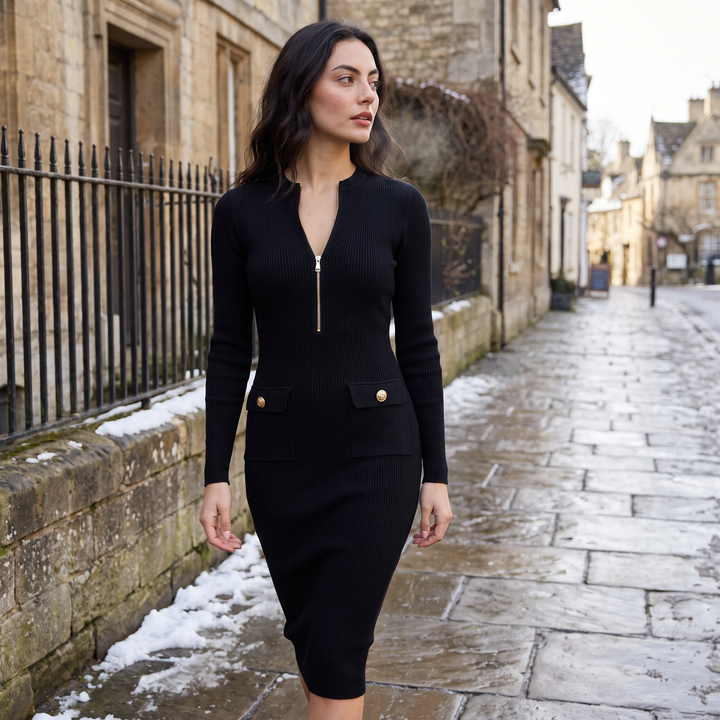 Women's Elegant Ribbed Knit Zip-Up Midi Dress