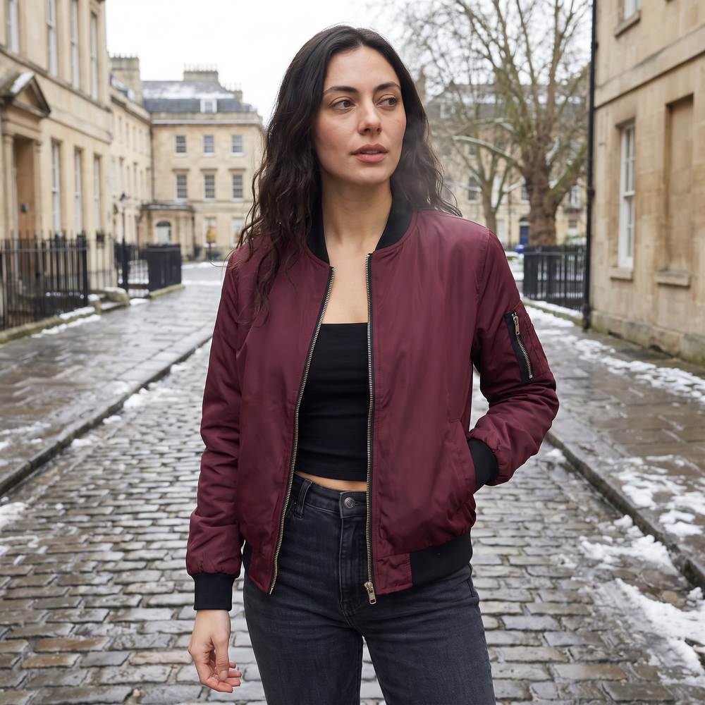 Women's Casual Contrast Trim Bomber Jacket