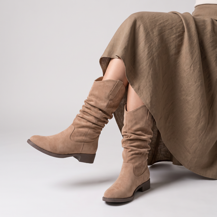 Women's Casual Leather Slouch Knee-High Boots in Khaki