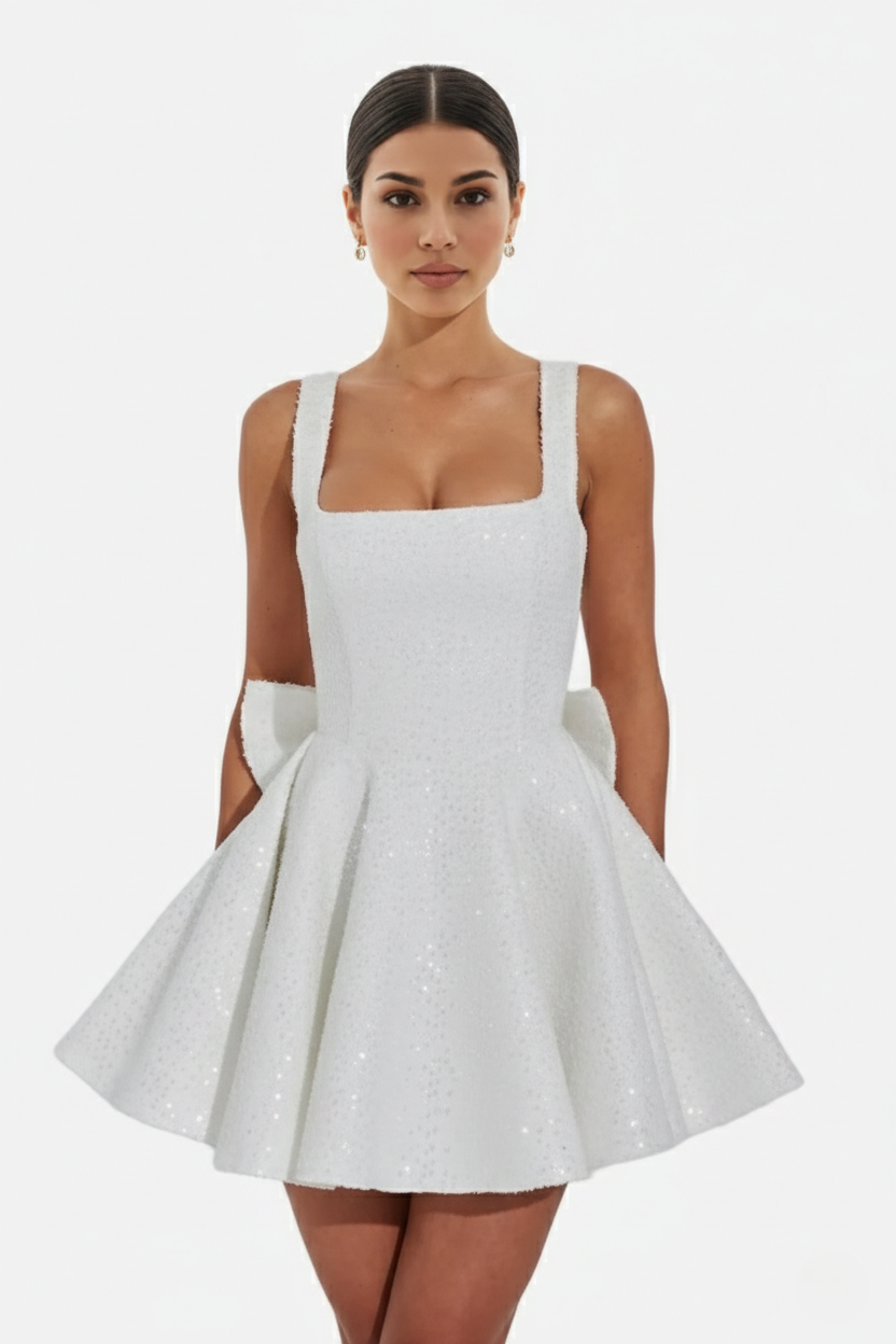 Ivory sequin square neck mini dress with oversized bow back detail