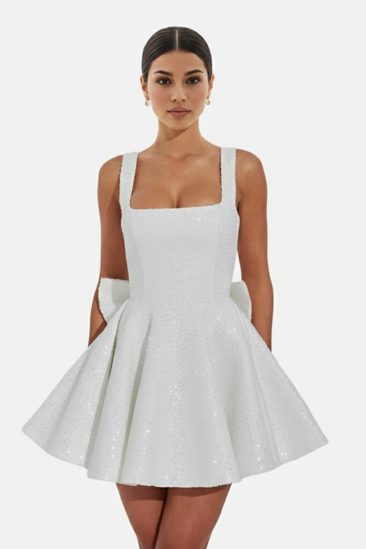 Ivory sequin square neck mini dress with oversized bow back detail