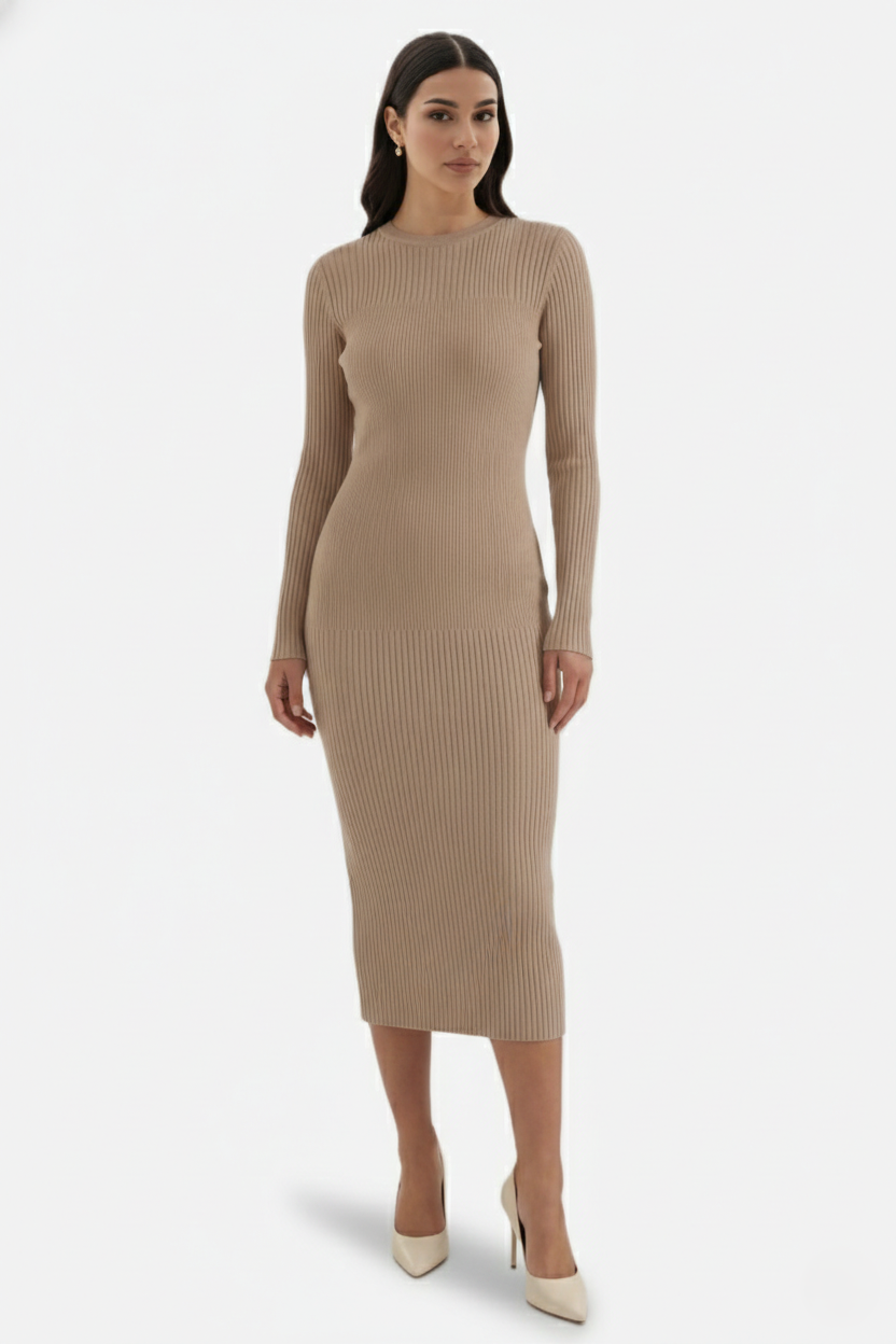 Womens Bodycon Midi Dress Ribbed Knit Long Sleeve Crew Neck