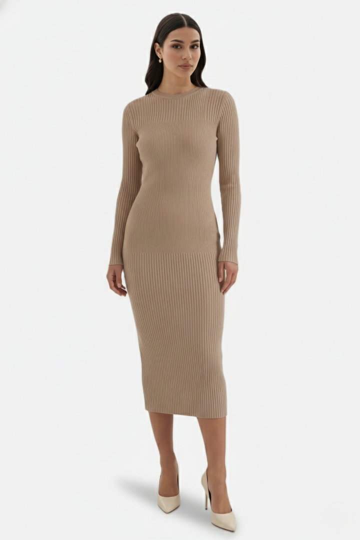 Womens Bodycon Midi Dress Ribbed Knit Long Sleeve Crew Neck