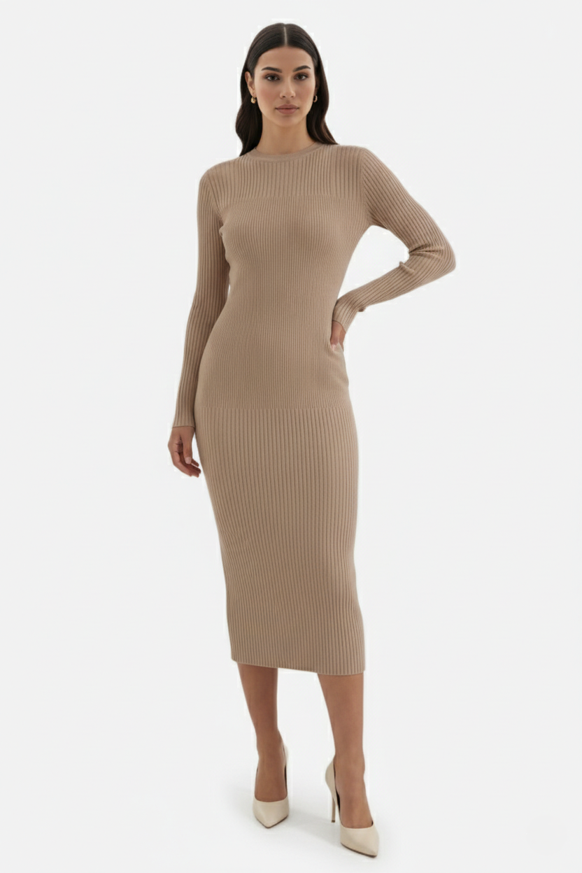 Womens Bodycon Midi Dress Ribbed Knit Long Sleeve Crew Neck